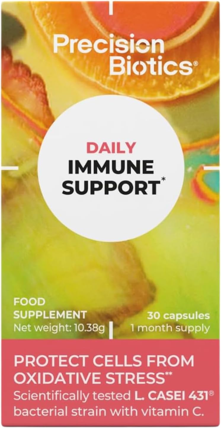 Precisionbiotics Daily Immune Support - Daily Gut Health Probiotics Supplement - L.Casei 431 Bacterial Culture Strains + Vitamin C - 30 Capsules