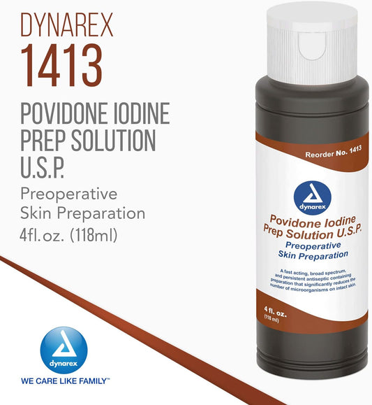 Dynarex Povidone-Iodine Prep Solution, Antiseptic Solution For Skin And Mucosa, Ideal For Surgical Site Preparation, Contains Povidone Iodine 10%,1 Case Of 48 4 Fl. Oz. Povidone-Iodine Bottles