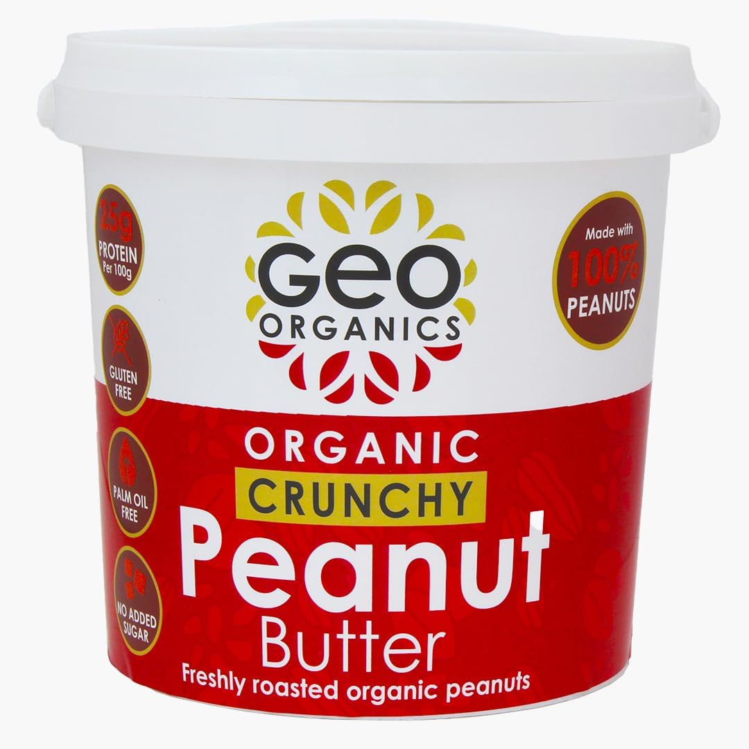 Geo Organics Crunchy Peanut Butter 1kg Tub (6pk) - Made with 100% Organic Roasted Peanuts -Natural, No Palm Oil, No Added Sugar, No Salt, Hi-Oleic Peanuts, High Protein, Gluten Free, Vegan, Dairy Free : Amazon.co.uk: Grocery