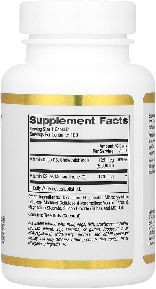 California Gold Nutrition Vitamin D3 + K2, 180 Veggie Capsules