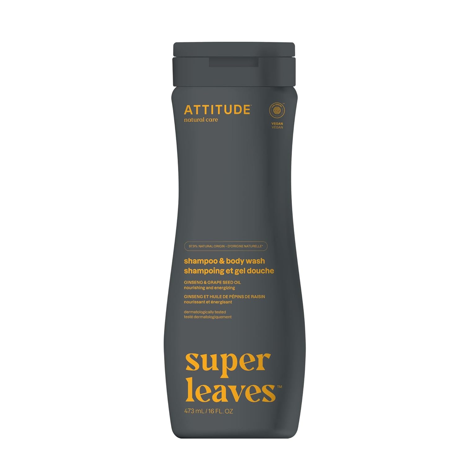 Attitude 2-In-1 Body Wash And Hair Shampoo, Ewg Verified Shower Gel, Dermatologically Tested, Made With Naturally Derived Ingredients, Vegan Personal Care, Ginseng And Grapeseed Oil, 16 Fl Oz