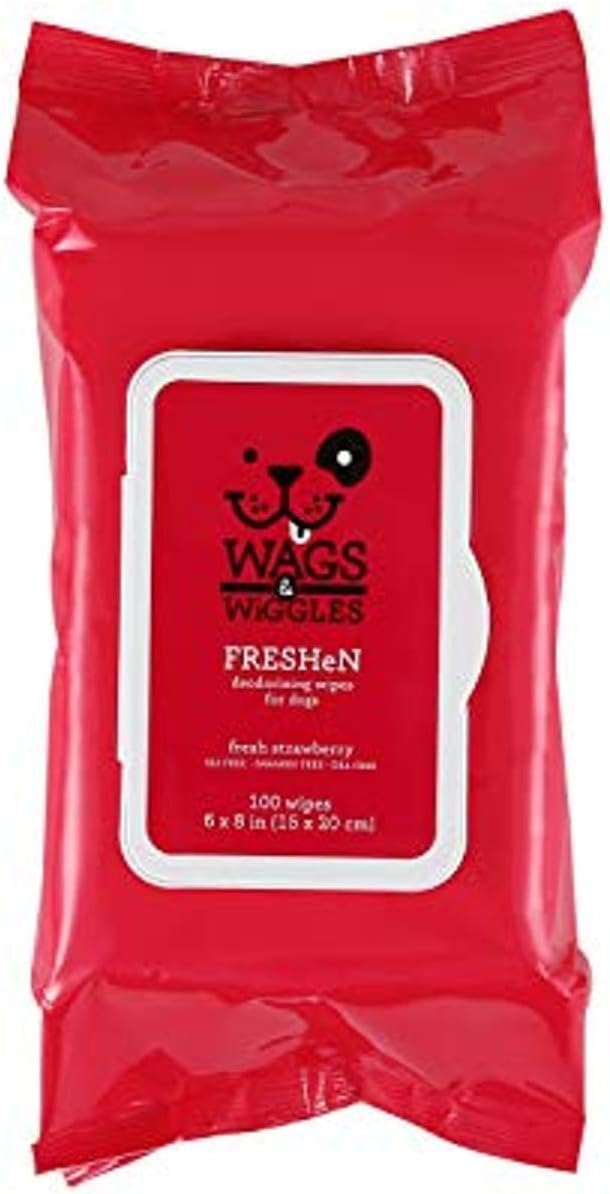 Wags & Wiggles Freshen Deodorizing Wipes for Dogs | Eliminate Odors from Your Dog's Coat | Fresh Strawberries, 100 Count | Easy and Convenient Way to Freshen Your Pet Without A Bath, FF12825