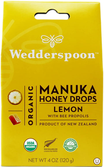 Wedderspoon Organic Manuka Honey Drops, Lemon & Bee Propolis, 20 Count (Pack of 1) | Genuine New Zealand Honey | Perfect Remedy For Dry Throats