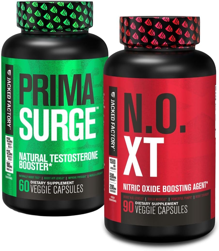 Jacked Factory Testosterone Booster For Men Primasurge (60 Capsules) & N.O. Xt Nitric Oxide Supplement (90 Capsules) For Muscle Growth, Pumps, & Energy