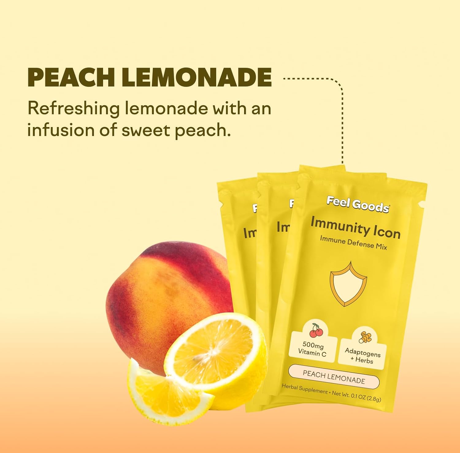 Feel Goods Immunity Icon, Zero Sugar, Vitamin C, A, B, D, E & Zinc, Organic Elderberry, Ashwagandha, Drink Mix Powder, Vegan, Non Gmo, Caffeine & Gluten Free | Peach Lemonade, 15 Count : Health & Household