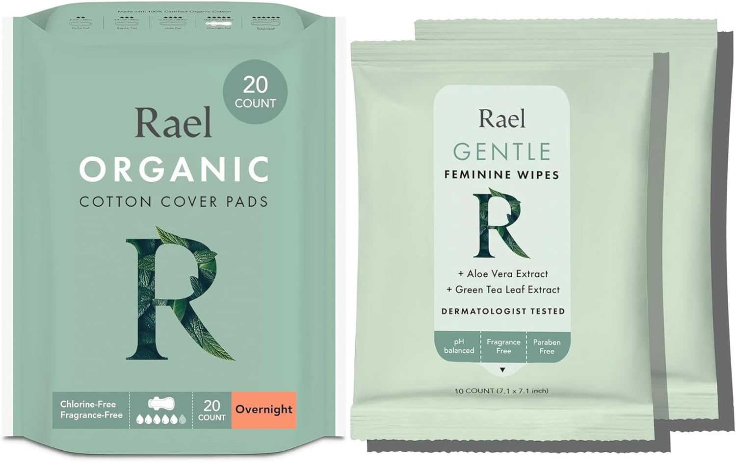 Rael Bundle - Organic Cotton Cover Overnight Pads (20 Count) & Flushable Feminine Wipes (20 Count)