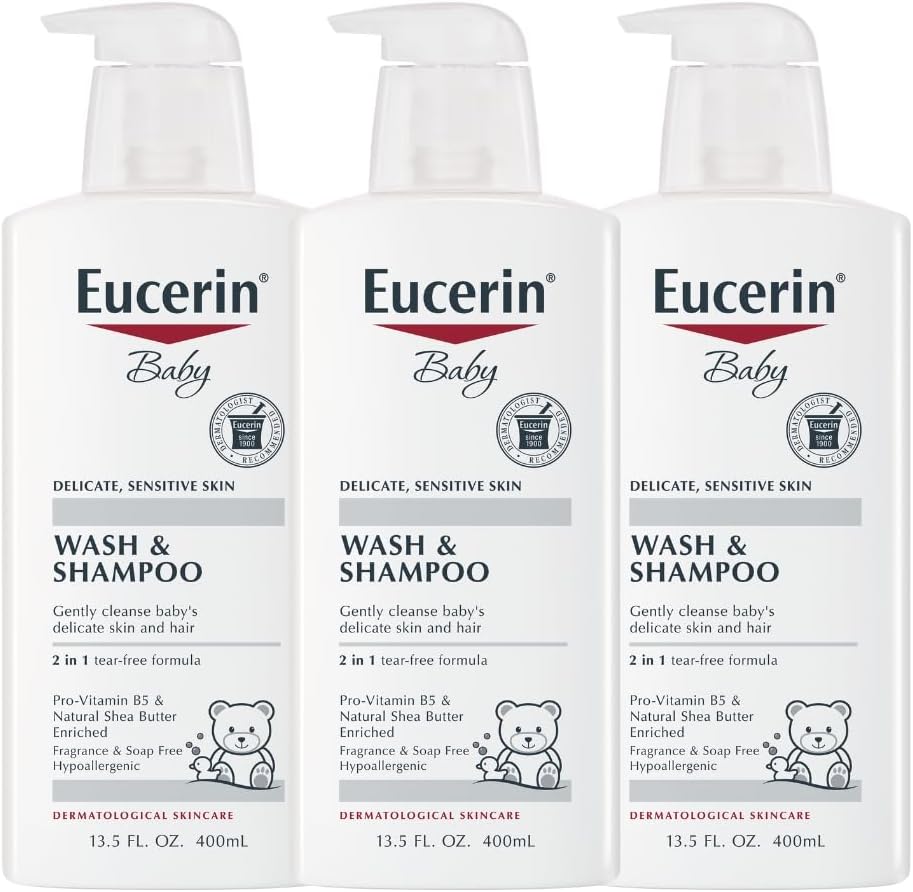 Eucerin Baby Wash & Shampoo - 2 In 1 Tear Free Formula, Hypoallergenic & Fragrance Free, Nourish And Soothe Sensitive Skin - 13.5 Fl Oz (Pack Of 3)