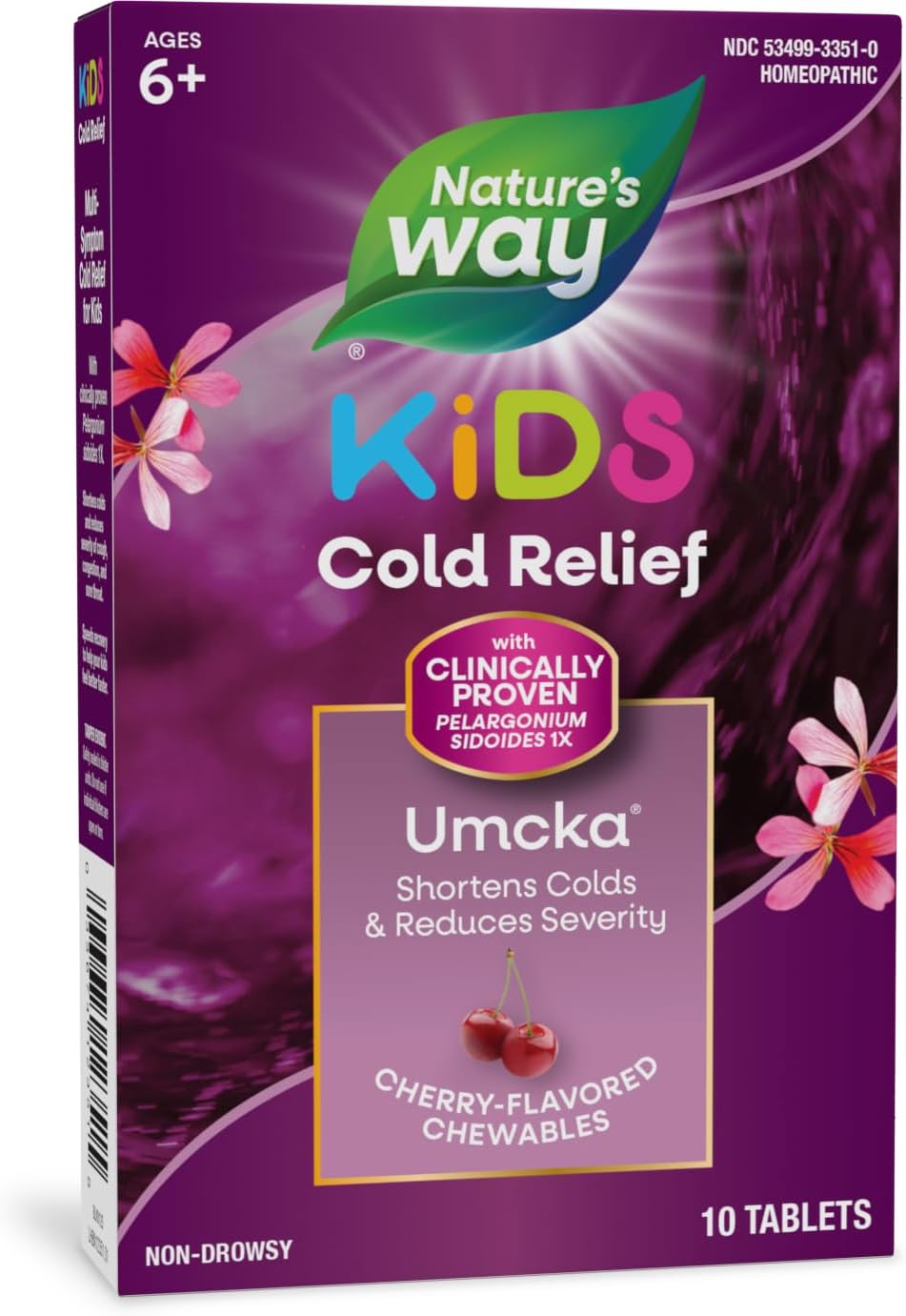 Nature's Way Cold Relief for Kids 6+, Umcka, Shortens Duration & Reduces Severity, Multi-Symptom Cold Relief, Homeopathic, Phenylephrine Free, Cherry Flavored, 10 Chewable Tablets (Packaging May Vary)