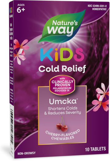 Nature'S Way Cold Relief For Kids 6+, Umcka, Shortens Duration & Reduces Severity, Multi-Symptom Cold Relief, Homeopathic, Phenylephrine Free, Cherry Flavored, 10 Chewable Tablets (Packaging May Vary)