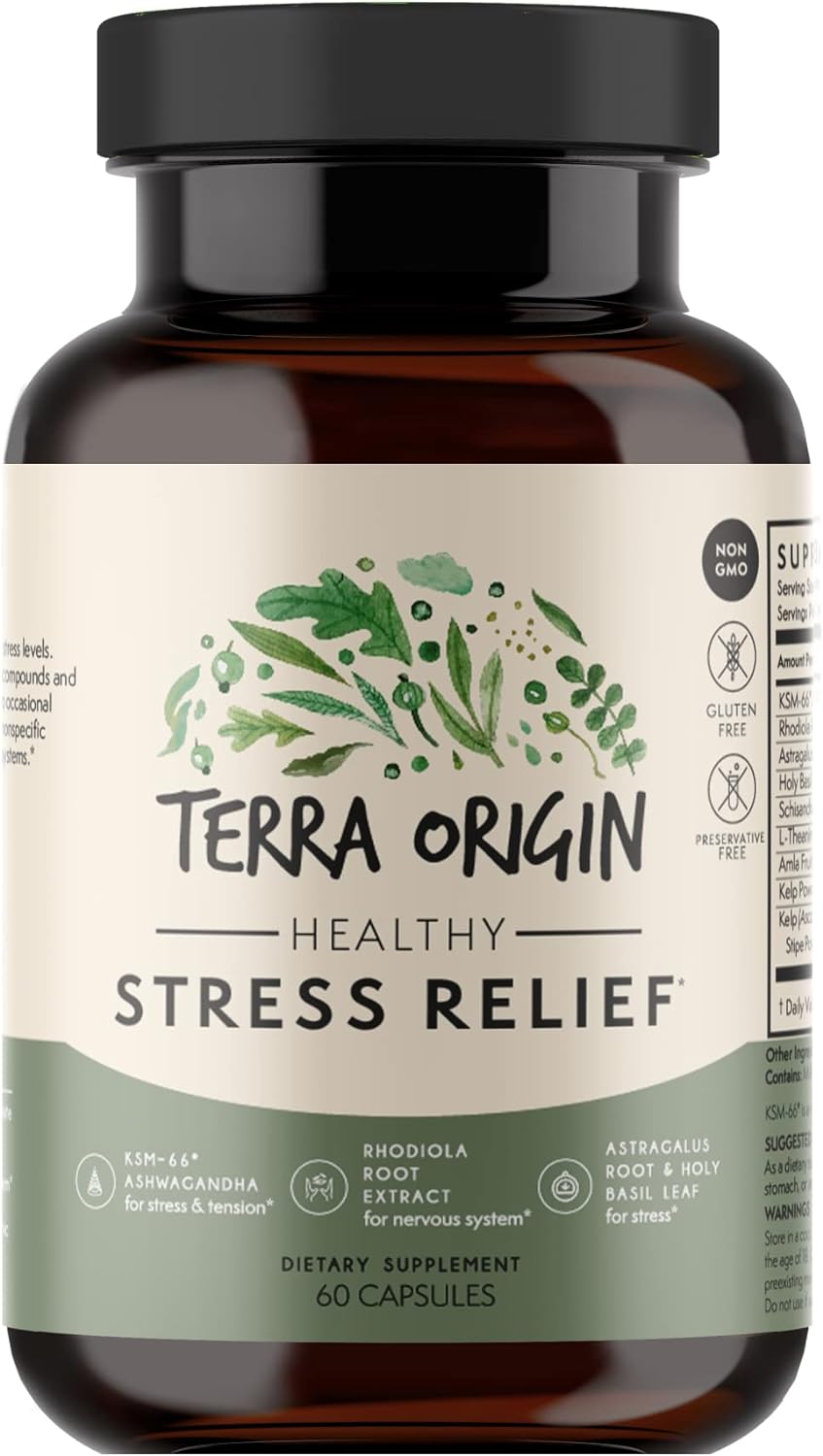 TERRA ORIGIN Healthy Stress Relief Capsules | 60 Capsules | Rhodiola Extract, Astragalus Root, Holy Basil and KSM-66 Organic Ashwagandha