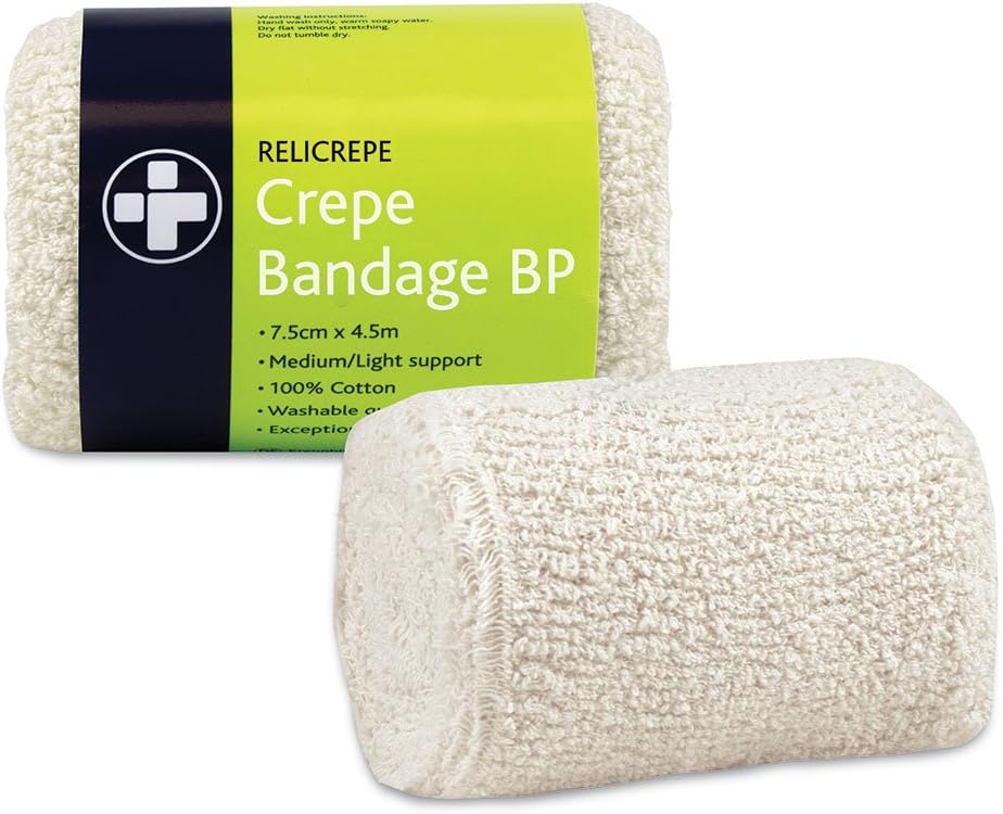 Reliance Medical White BP Grade Cotton Relicrepe Crepe Bandage Soft, Comfortable, Medium/Light Support And Non-Sterile Bandage Designed For Sprains, Strains, And Minor Aches (7.5cm x 4.5m, Pack of 10) : Amazon.co.uk: Health & Personal Care