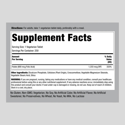 Piping Rock Folic Acid 800 mcg | 250 Tablet Capsules | Vegetarian Supplement | Non-GMO, Gluten Free