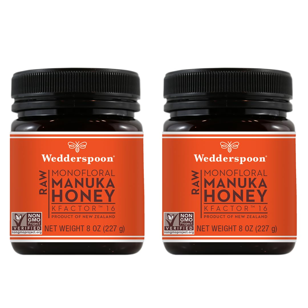 Wedderspoon Raw Premium Manuka Honey, Kfactor 16, 8 Oz (Pack Of 2), Unpasteurized, Genuine New Zealand Honey, Traceable From Our Hives To Your Home