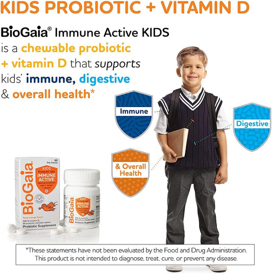 BioGaia Protectis Immune Active Kids Probiotic | Probiotic + Vitamin D | Supports Immune, Digestive & Overall Health | Kids Probiotic | Orange Chewable Tablets | 60 Day Supply