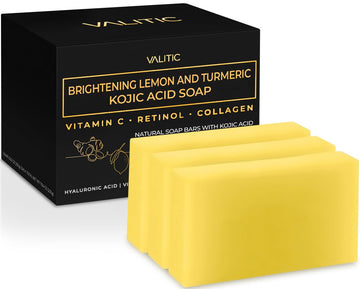 Valitic Brightening Lemon & Turmeric Kojic Acid Soap With Vitamin C, Retinol, Collagen - Original Japanese Complex Infused With Hyaluronic Acid, Vitamin E, Shea Butter, Castile Olive Oil (3 Pack)