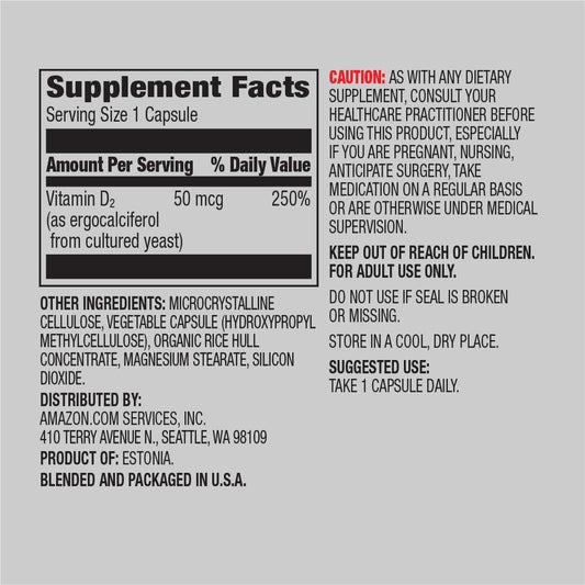 Amazon Elements Vitamin D2 2000 IU, Vegan, 65 Capsules, Supports Strong Bones and Immune Health, 2 month supply (Packaging may vary)