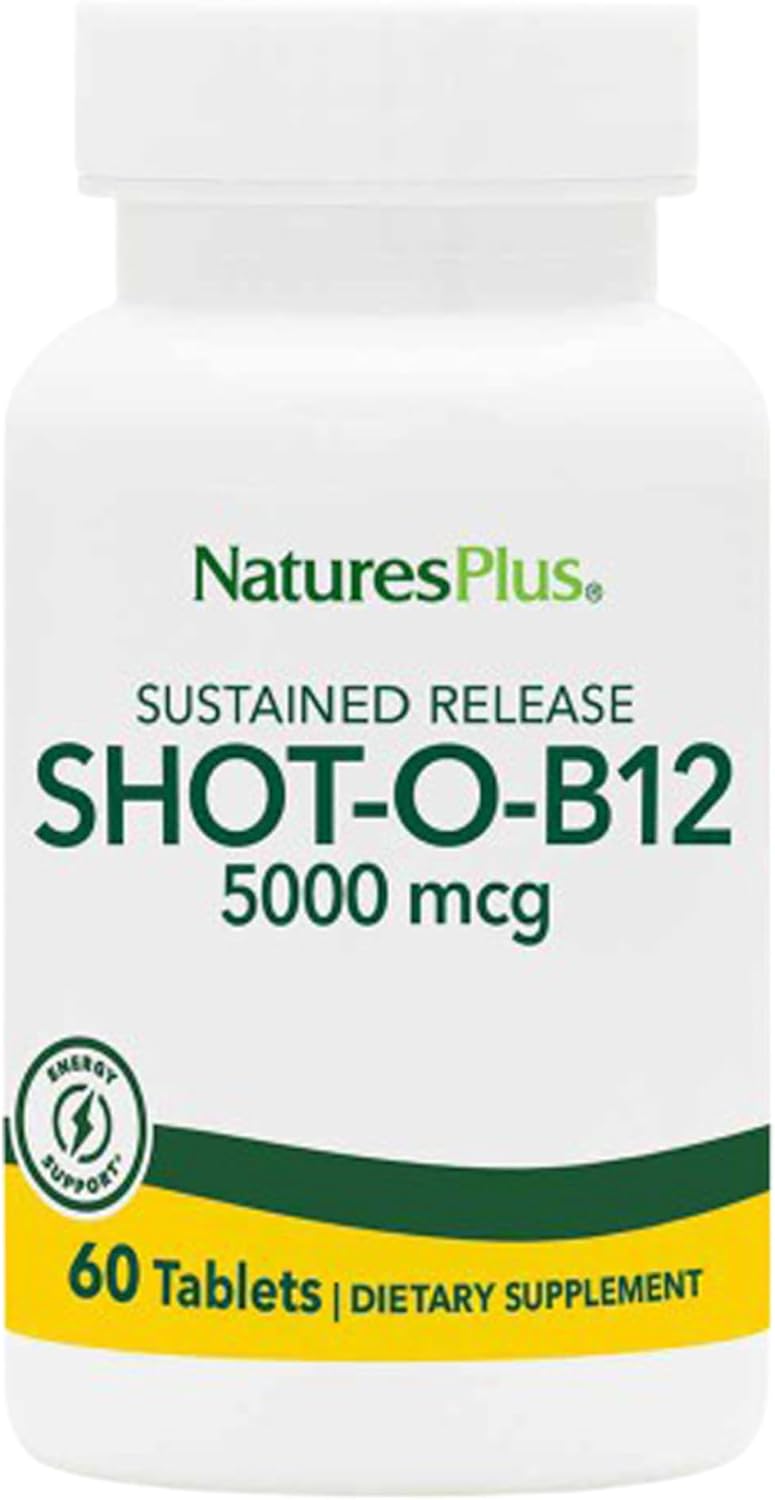 Natures Plus Shot-O-B12 5000 Mcg - 30 Sustained Release Tablets, Pack Of 2 - Supports Energy Production & Mood - Vegetarian, Gluten Free - 60 Total Servings