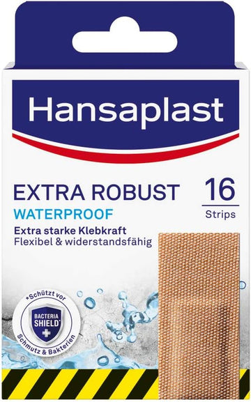 Hansaplast Extra Robust Waterproof Textile Plasters (16 Strips), Durable And Waterproof Plaster With Extra Strong Adhesion, Flexible And Breathable Wound Plasters