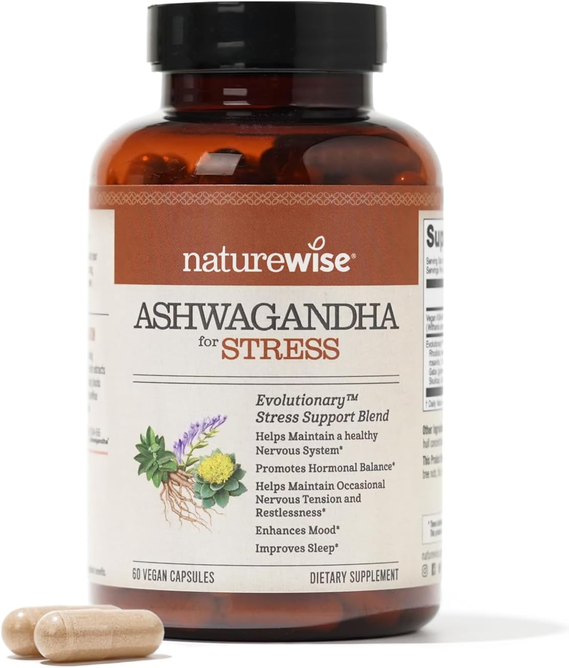 Naturewise Ashwagandha For Stress - With Ksm-66 Ashwagandha Extract + Gaba + L-Theanine + Rhodiola Rosea - Herbal Mood & Sleep Support - Vegan, Non-Gmo, Gluten-Free - 60 Capsules[1-Month Supply]