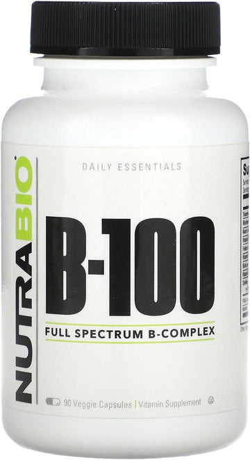 NutraBio B-100, B Vitamin Complex, Immune System & Nervous System Support, Healthy Hair, Skin, Nails, 90 Vegetable Capsules