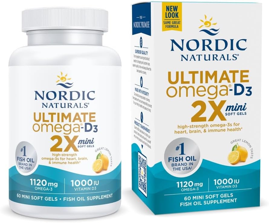 Nordic Naturals Ultimate Omega 2X Mini D3, Lemon Flavor - 1120 mg Omega-3 + 1000 IU Vitamin D3-60 Mini Soft Gels - Omega-3 Fish Oil - EPA & DHA - Promotes Brain & Heart Health - 30 Servings