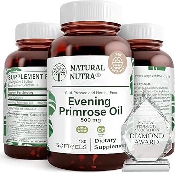 Natural Nutra Evening Primrose Oil Supplement From Fatty Acid, Nerve Health, Promote Hearth Health, Skin Clarity, 500 Mg, 180 Softgel