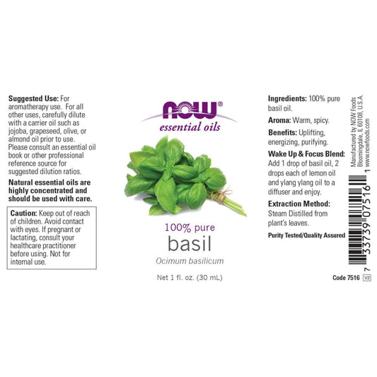 Now Essential Oils, Basil Oil, Energizing Aromatherapy Scent, Stream Distilled, 100% Pure, Vegan, Child Resistant Cap, 1-Ounce