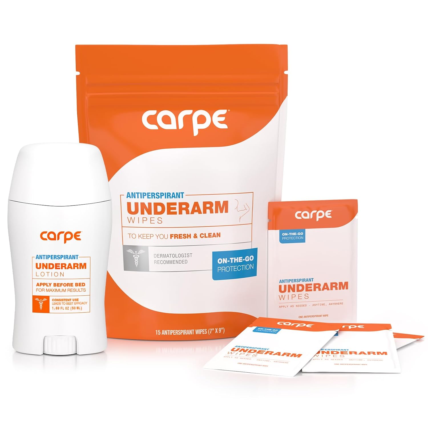 Carpe Antiperspirant Underarm and On-The-Go Wipes Package (1 Underarm Clinical Strength, 15 Individual Antiperspirant On-The-Go Wipes), Stop Excessive Sweat - Great for Hyperhidrosis