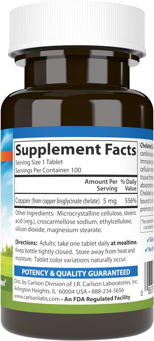 Carlson - Chelated Copper, 5 mg, Superior Absorption, Cardiovascular Health, Nerve Function & Immune Support, 100 Tablets