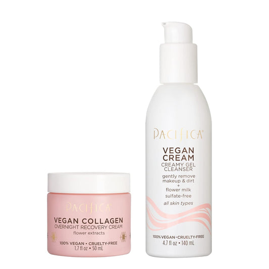 Pacifica Beauty Vegan Collagen Overnight Recovery Cream & Vegan Cream Creamy Gel Cleanser Set, Skincare, Face Wash, Moisturizer, Hyaluronic Acid, For Aging, Dry Skin, 1.7 oz and 4.7 oz (Set of 2) : Beauty & Personal Care