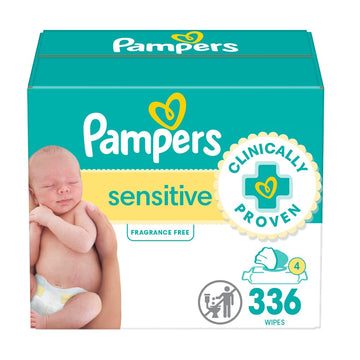 Pampers Sensitive Baby Wipes, Water Based, Hypoallergenic And Unscented, 4 Flip-Top Packs (336 Wipes Total)