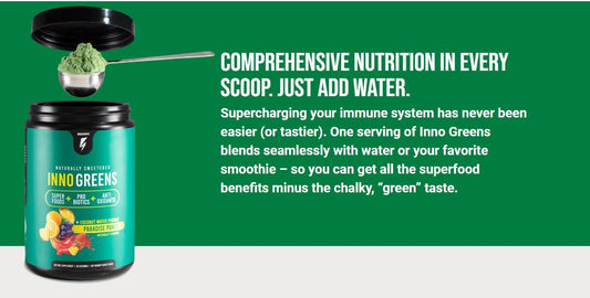 Inno Greens | 28+ Organic Greens & Superfoods | Advanced Prebiotics + Probiotics | Super Antioxidant + Hydration | Spirulina, Chlorella, Ashwagandha | Natural | 30 Servings (Strawberry Banana)