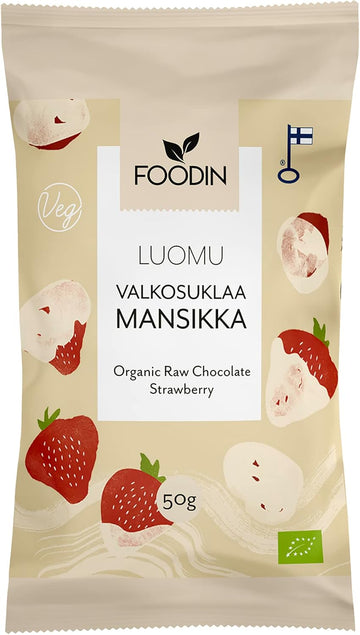 Foodin Organic Raw White Chocolate Strawberry 50G – Vegan, Gluten-Free, Handcrafted Fruit Chocolate Bar