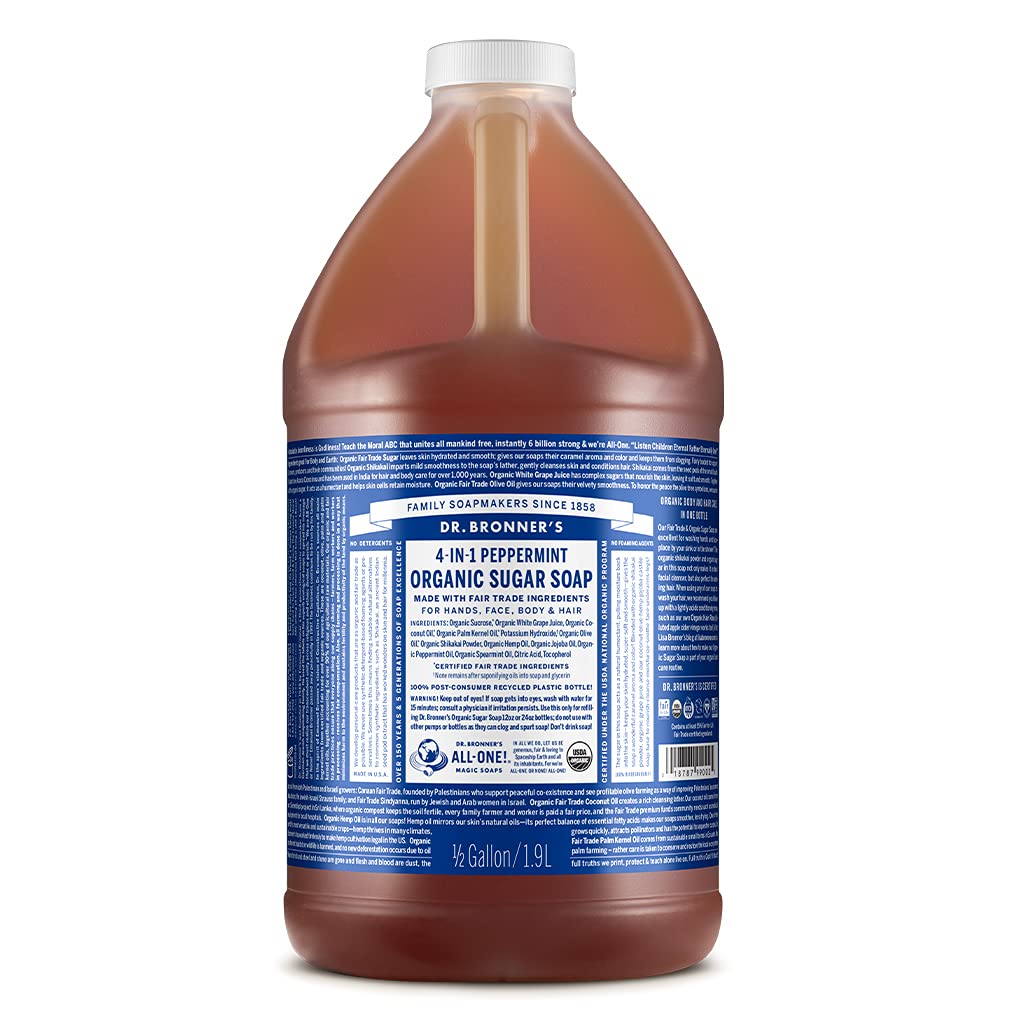 Dr. Bronner’s - Organic Sugar Soap (Peppermint, 64 Ounce) - Made with Organic Oils, Sugar and Shikakai Powder, 4-in-1 Uses: Hands, Body, Face and Hair, Cleanses, Moisturizes and Nourishes, Vegan