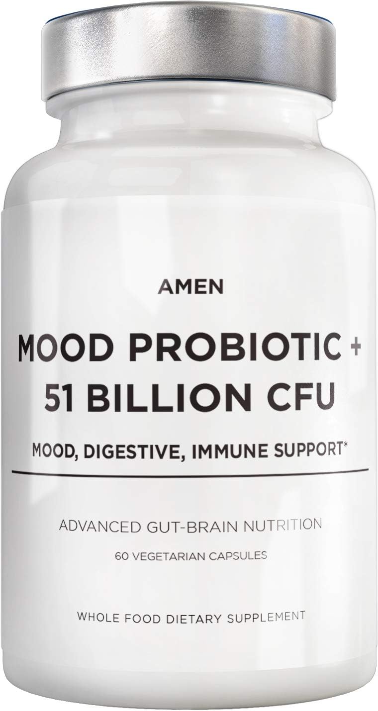 Mood Probiotic Supplement 51 Billion CFU - Organic Prebiotics and Probiotics - Acidophilus Probiotic Pills, Fibers - Mood Organic Ashwagandha, Blueberries - Vegan & Non-GMO - 60 Capsules
