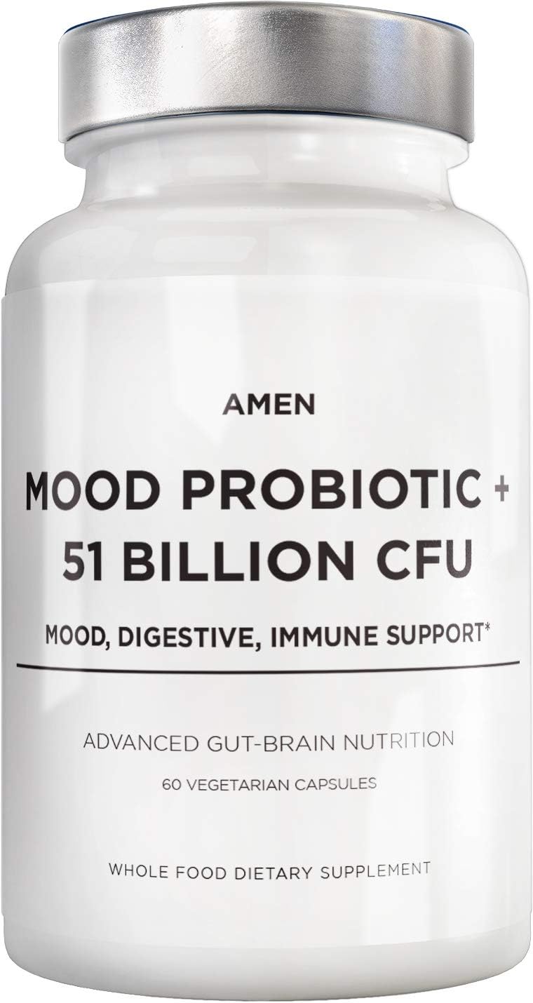 Amen Mood Probiotic Supplement 51 Billion Cfu - Organic Prebiotics And Probiotics - Acidophilus Probiotic Pills, Fibers - Mood Organic Ashwagandha, Blueberries - Vegan & Non-Gmo - 60 Capsules