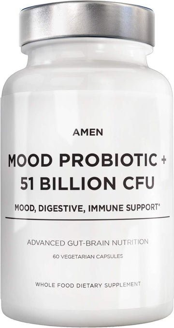 Amen Mood Probiotic Supplement 51 Billion Cfu - Organic Prebiotics And Probiotics - Acidophilus Probiotic Pills, Fibers - Mood Organic Ashwagandha, Blueberries - Vegan & Non-Gmo - 60 Capsules