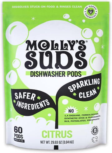 Molly's Suds Dishwasher Pods | Natural Dishwasher Detergent, Cuts Grease & Rinses Clean (Residue-Free) for Sparkling Dishes | 60 Auto-Release Tabs (Citrus)