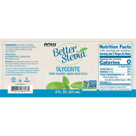 Now Foods Betterstevia Organic Glycerite Zero-Calorie Liquid Sweetener Keto Friendly, Suitable For Diabetics, No Erythritol, 8-Ounce
