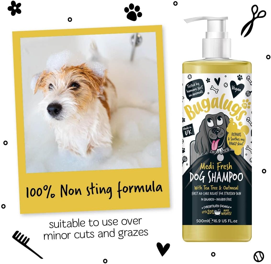 BUGALUGS Dog Shampoo for Itchy Skin Antibacterial And Antifungal Natural Medicated Safe Sensitive Formula - Fast Absorbing Skin Cooling First Aid relief For Cuts Grazes Skin Irritation :Pet Supplies