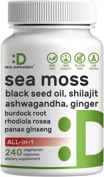 Irish Sea Moss 7000Mg Per Serving, 240 Veggie Capsules – 14 Superfood Complex – 3000Mg Black Seed Oil, 2000Mg Ashwagandha, 600Mg Ginger, 5000Mg Shilajit, 600Mg Bladderwarck, Turmeric, Noni & More