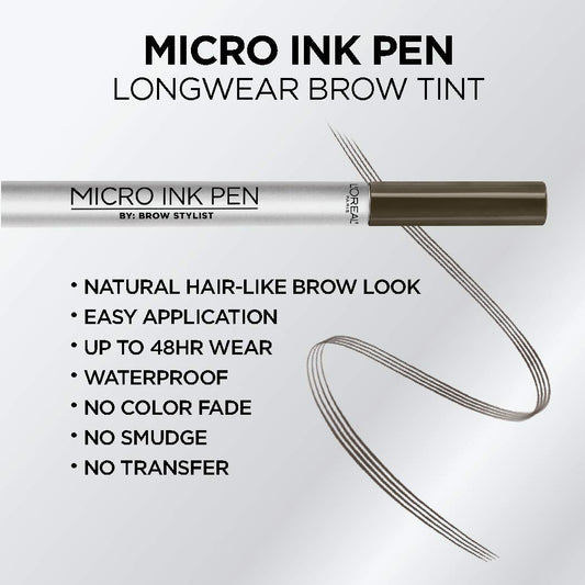 L'Oreal Paris Micro Ink Pen By Brow Stylist, Longwear Brow Tint, Hair-Like Effect, Up To 48Hr Wear, Precision Comb Tip, Dark Brunette, 0.033 Fl; Oz