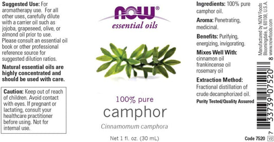 Now Essential Oils, Camphor Oil, Camphorous Aromatherapy Scent, 100% Pure And Purity Tested, Vegan, Child Resistant Cap, 1-Ounce
