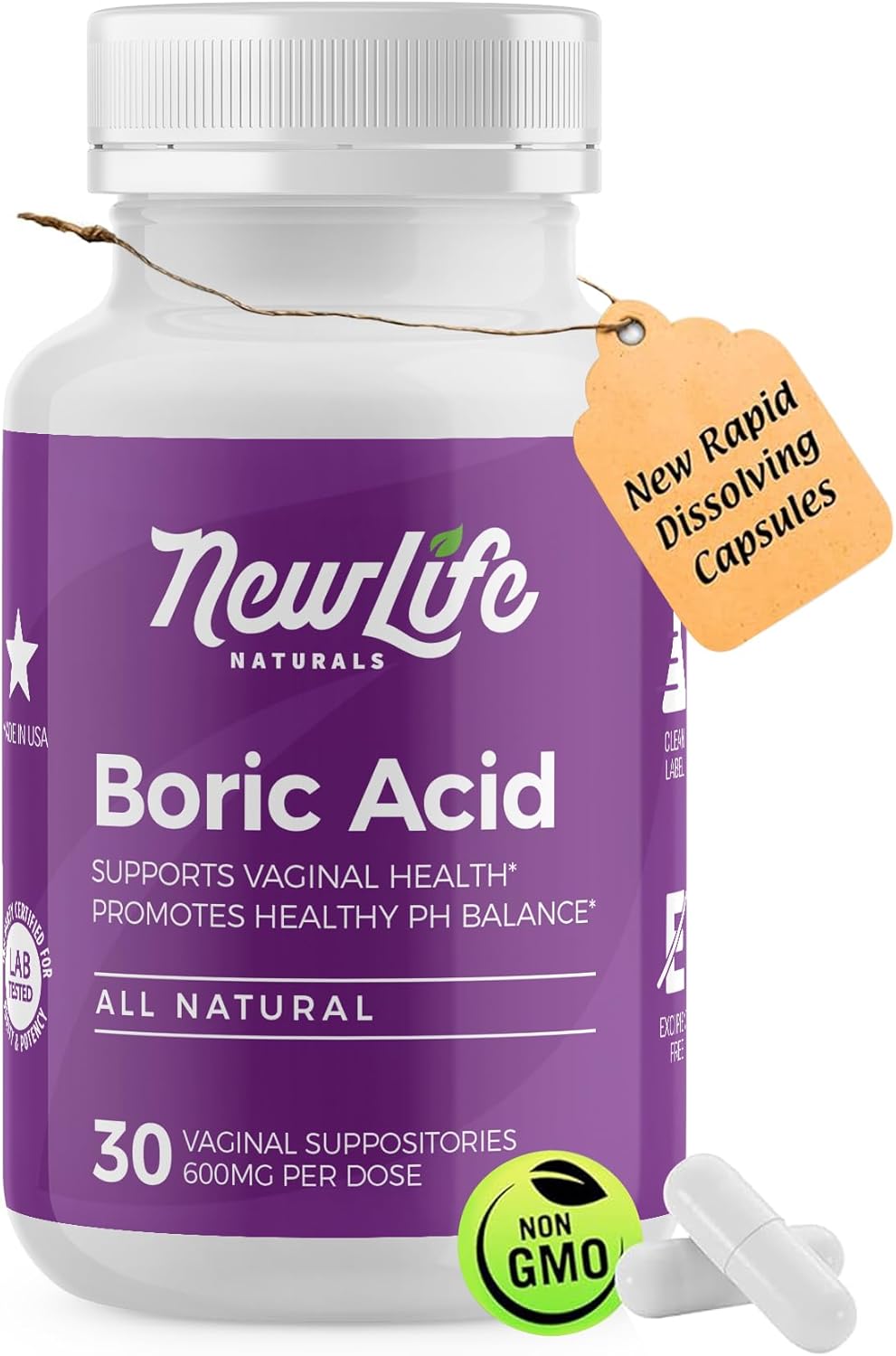 Newlife Naturals - Boric Acid Suppositories For Women Ph Balance Pills - 600Mg - Feminine Care - Vaginal Odor Itching Discharge Bv | Made In Usa | 30 Capsules