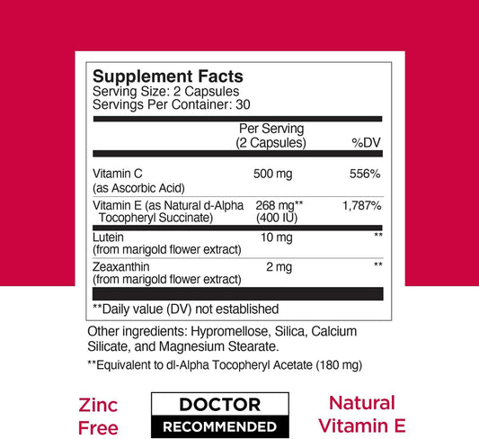 Viteyes AREDS 2 Zinc Free Macular Support, Natural Allergen Free Capsules with Vitamin E, Vitamin C, Lutein & Zeaxanthin, No Zinc, No Copper, Eye Doctor Trusted, Manufactured in The USA, 60 Ct
