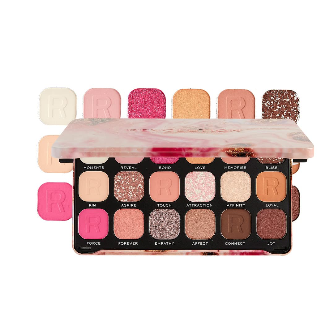 Revolution Beauty, Forever Flawless Eyeshadow Palette, 18 Pigmented Shades, Neutral & Pink Pressed Powder Mattes, Shimmers, Glitters, Affinity, 15 X 0.04 Oz