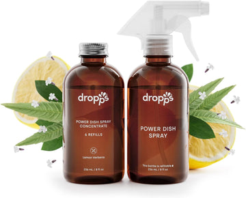 dropps Power Dish Spray: Lemon Verbena | Starter Kit | Contains 6 Refills | Cuts Grease & Fights Stuck On Food | For Sparkling Glassware & Dishes | Refillable Glass Spray Bottle
