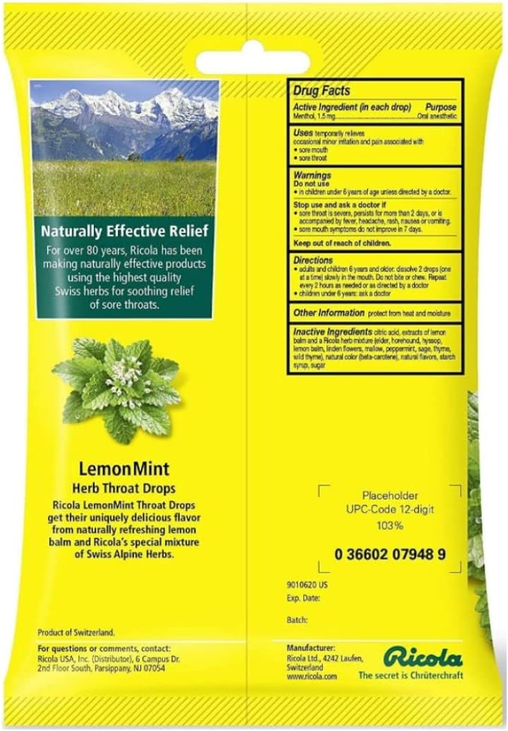 Ricola Natural Throat Drops Lemon-Mint . (Pack of 5)