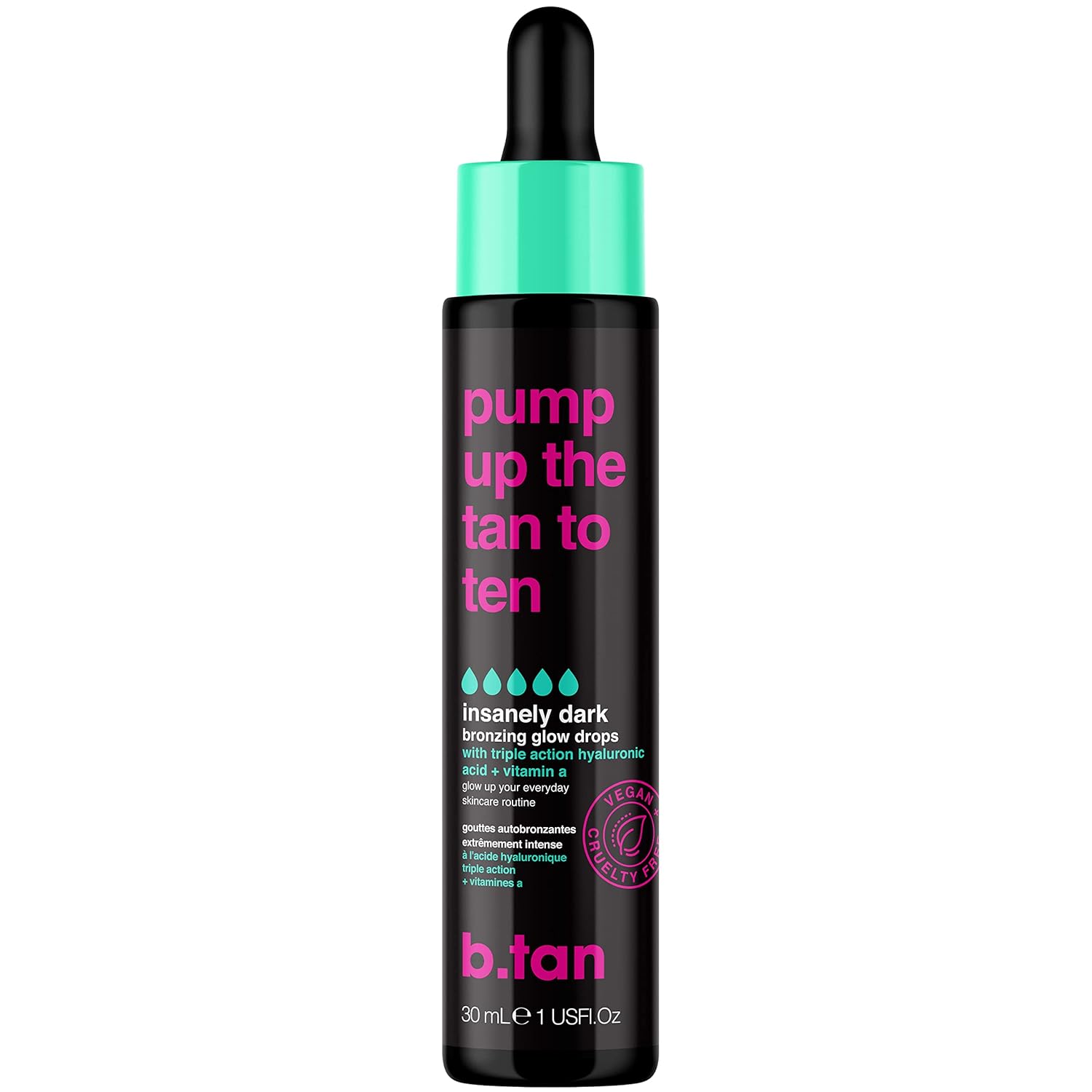 b.tan Darkest Self Tan Drops for Face & Body | Pump Up the Tan to Ten - Insanely Dark Self Tanning Bronzing Glow Drops, Vegan, Cruelty Free, 1.0 Fl Oz
