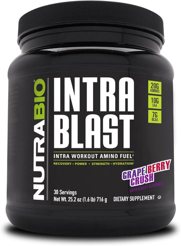 NutraBio Intra Blast and Pre-Workout Powder - Advanced Electrolyte Performance Drink - Amino Acid Recovery, EAA/BCAA Formula - Non-GMO and Gluten Free - Grape Berry Crush - 30 Servings